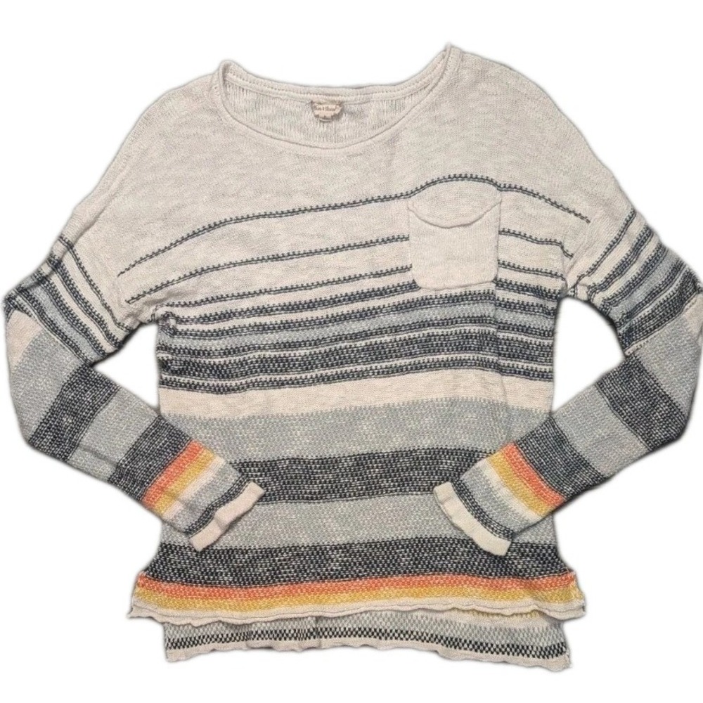 Hem & Thread M Sweater Striped Long Slv Gauzy Pocket‎ Lightweight Popover Beachy